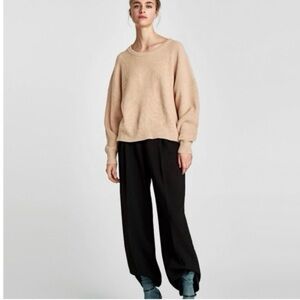 Zara Knit Tie Back Oat Ribbed Semi Crop Sweater GUC